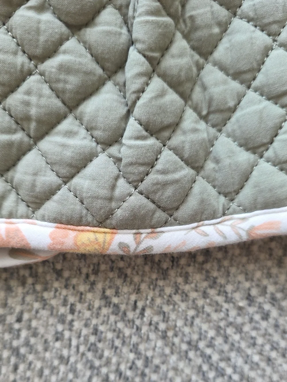 Quilted Sage Green Baby Jacket with Floral Trim